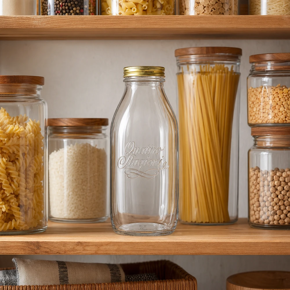 Bouteille en verre 1000ml « Quattro Stagioni » avec couvercle Bouteille en verre Quattro Stagioni 1000ml dans un garde-manger organisé avec des bocaux de stockage, des pâtes et des légumineuses