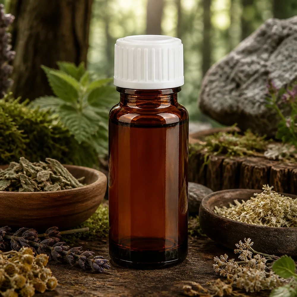 Flacon en verre ambré ApoGlas de 10 ml, avec compte-gouttes de 0,9 mm, entouré d'herbes médicinales séchées dans des coupelles en bois