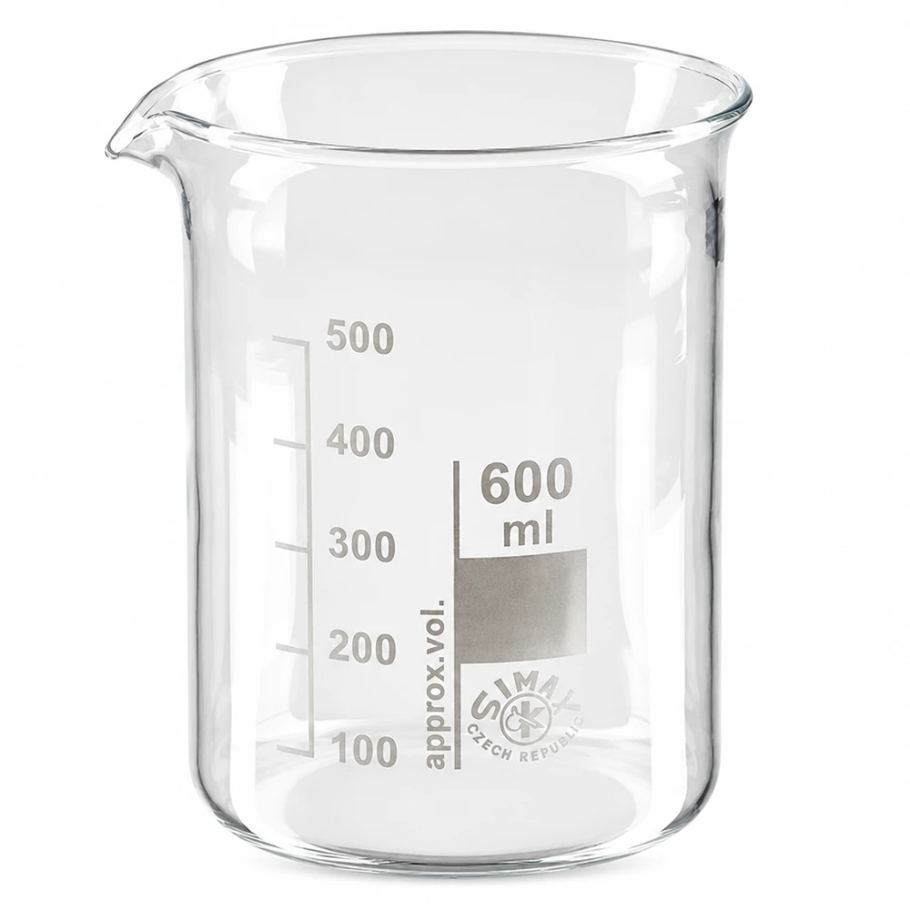 Bécher 600ml en verre borosilicate résistant à la chaleur (forme basse) Bécher 600ml en verre borosilicaté forme basse avec bec verseur pour laboratoire et cuisine