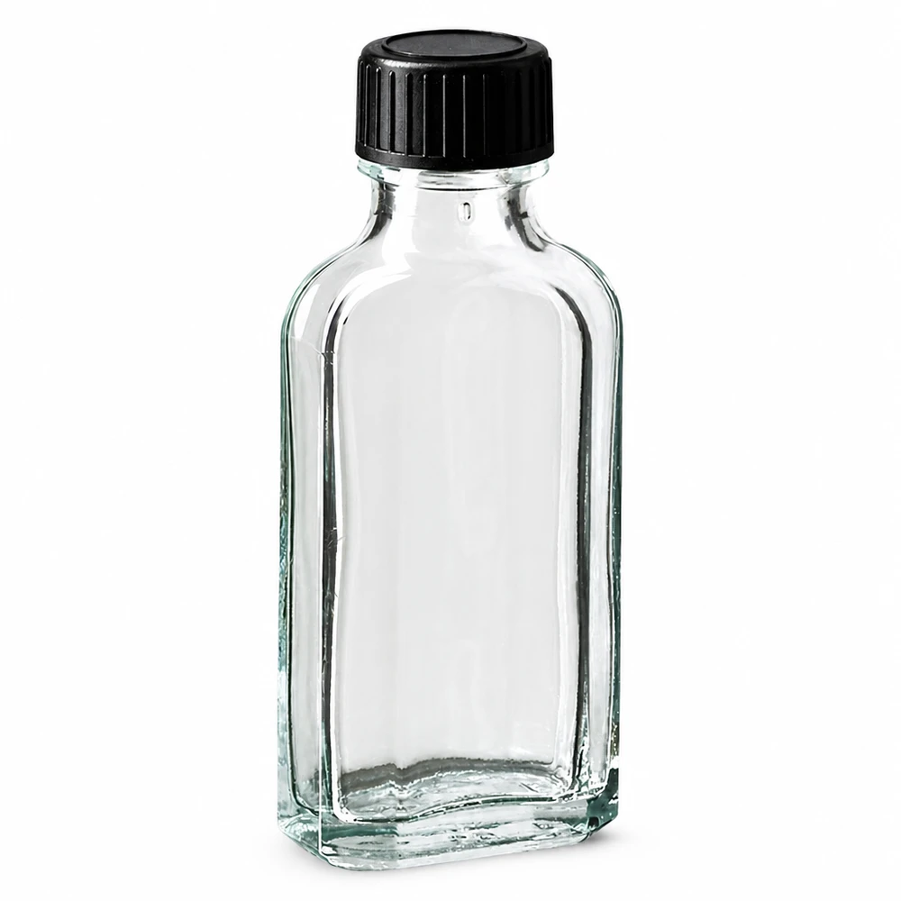 Flasque transparente de 50 ml au goulot DIN 22, avec bouchon à vis DIN 22 noir et joint PEE Petite bouteille rectangulaire en verre transparent de 50 ml, avec un bouchon en plastique noir et un joint d'étanchéité