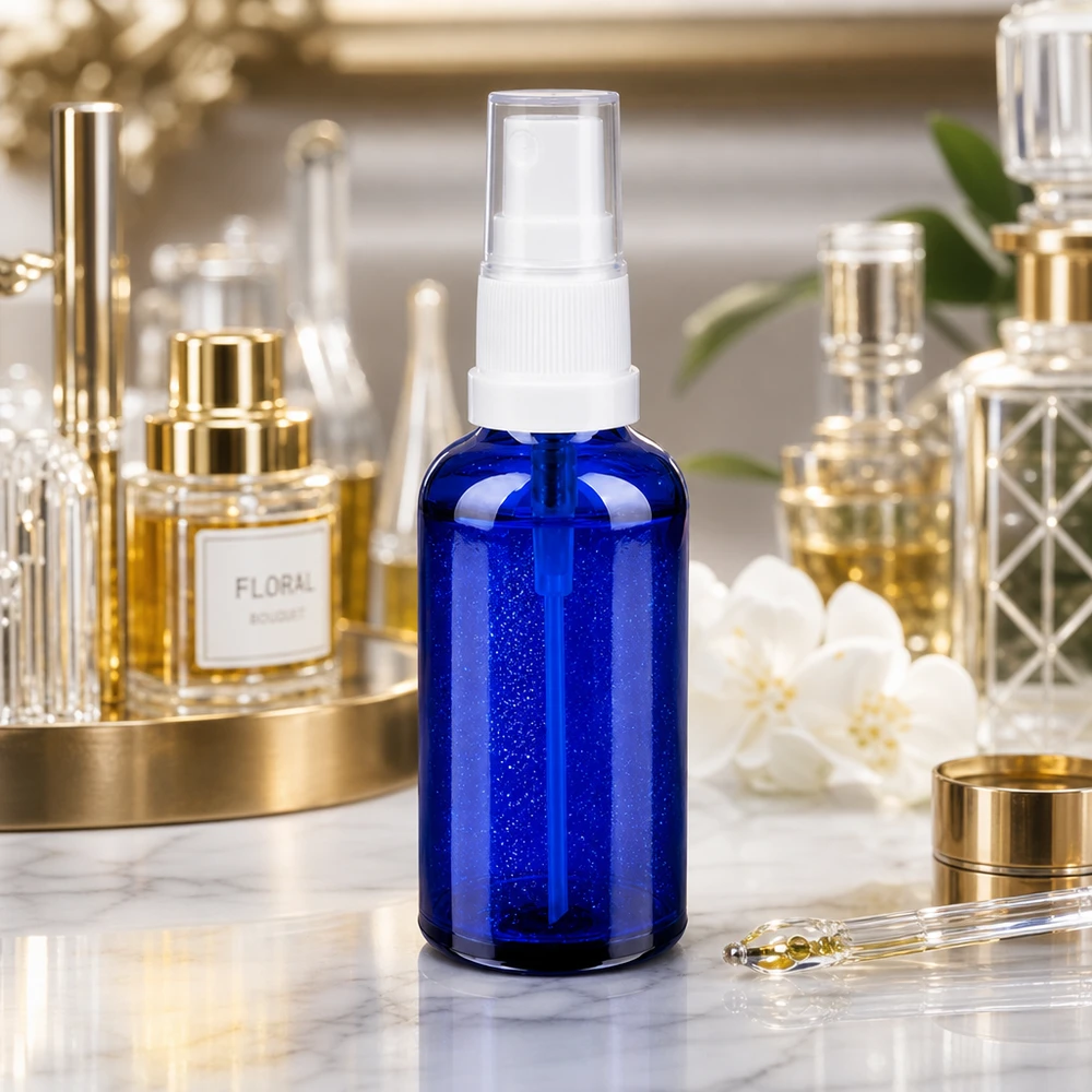 Vaporisateur 50ml blanc/tr. STD BlueLine UT18/50 Élégant flacon en verre bleu cobalt de 50 ml avec fine brume pour tonifiant et lotion tonique