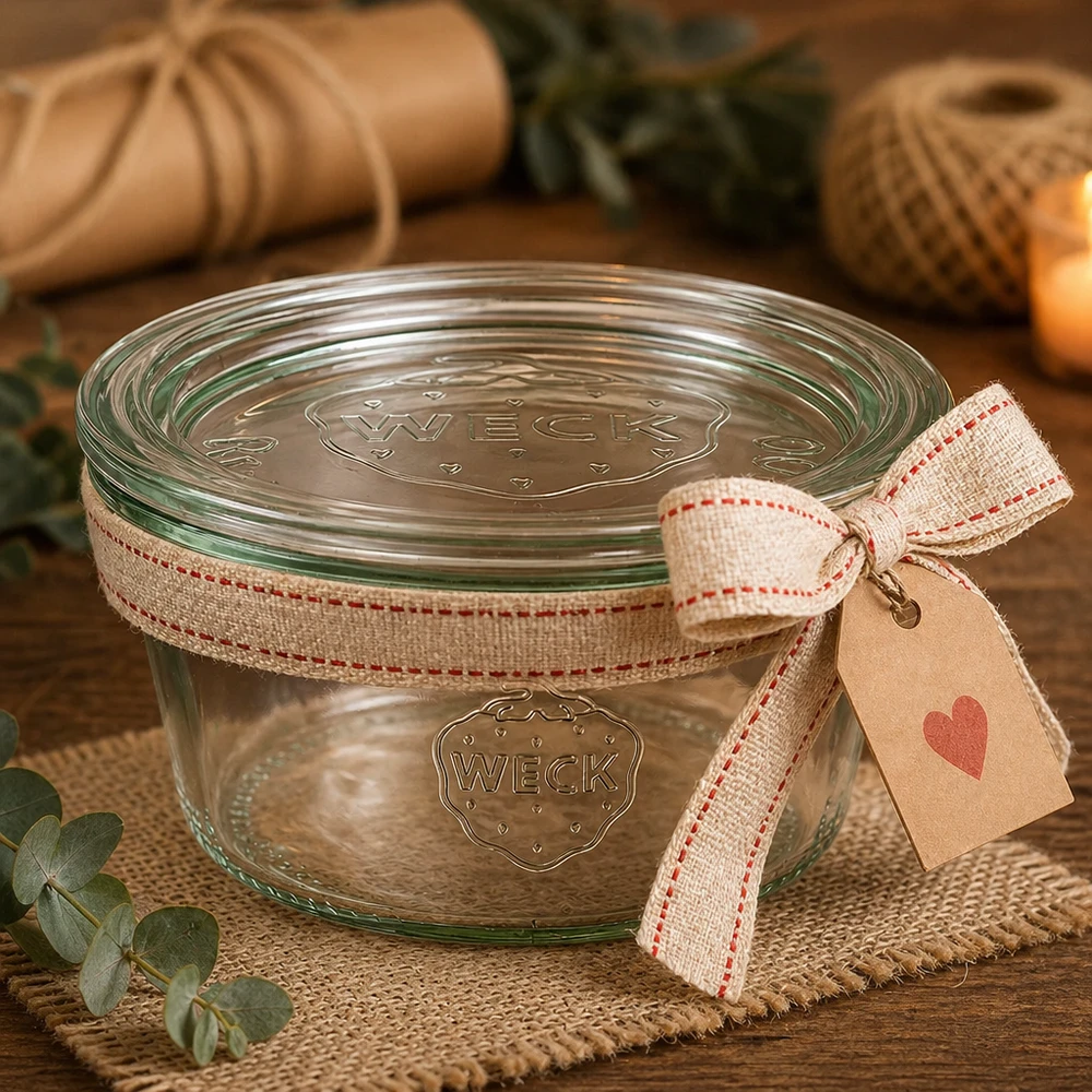 WECK Verre renversé 290ml RR100 comme idée de cadeau avec ruban et pendentif en forme de cœur dans une ambiance rustique