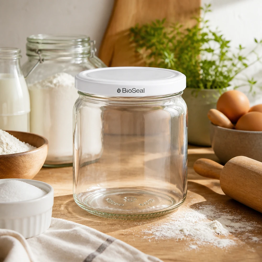 408ml Verre rond avec couvercle BioSeal blanc UNiTWIST UNiTWIST Runda408 leeres Einmachglas in gemütlicher Küche - vielseitiges Vorratsglas mit BioSeal für Backen und Kochen