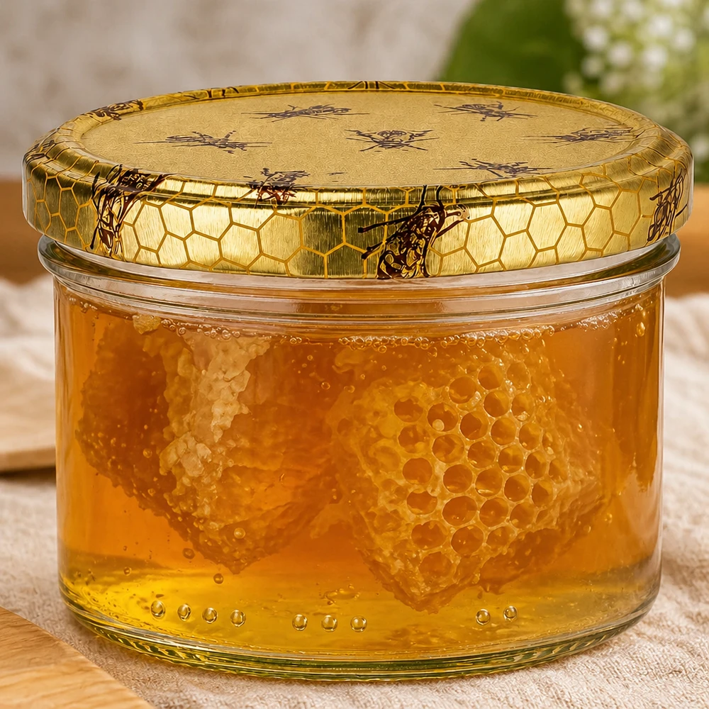 Pot de miel de 300g rempli de nid d'abeille doré dans le miel, bouchon décoratif avec motif d'abeille