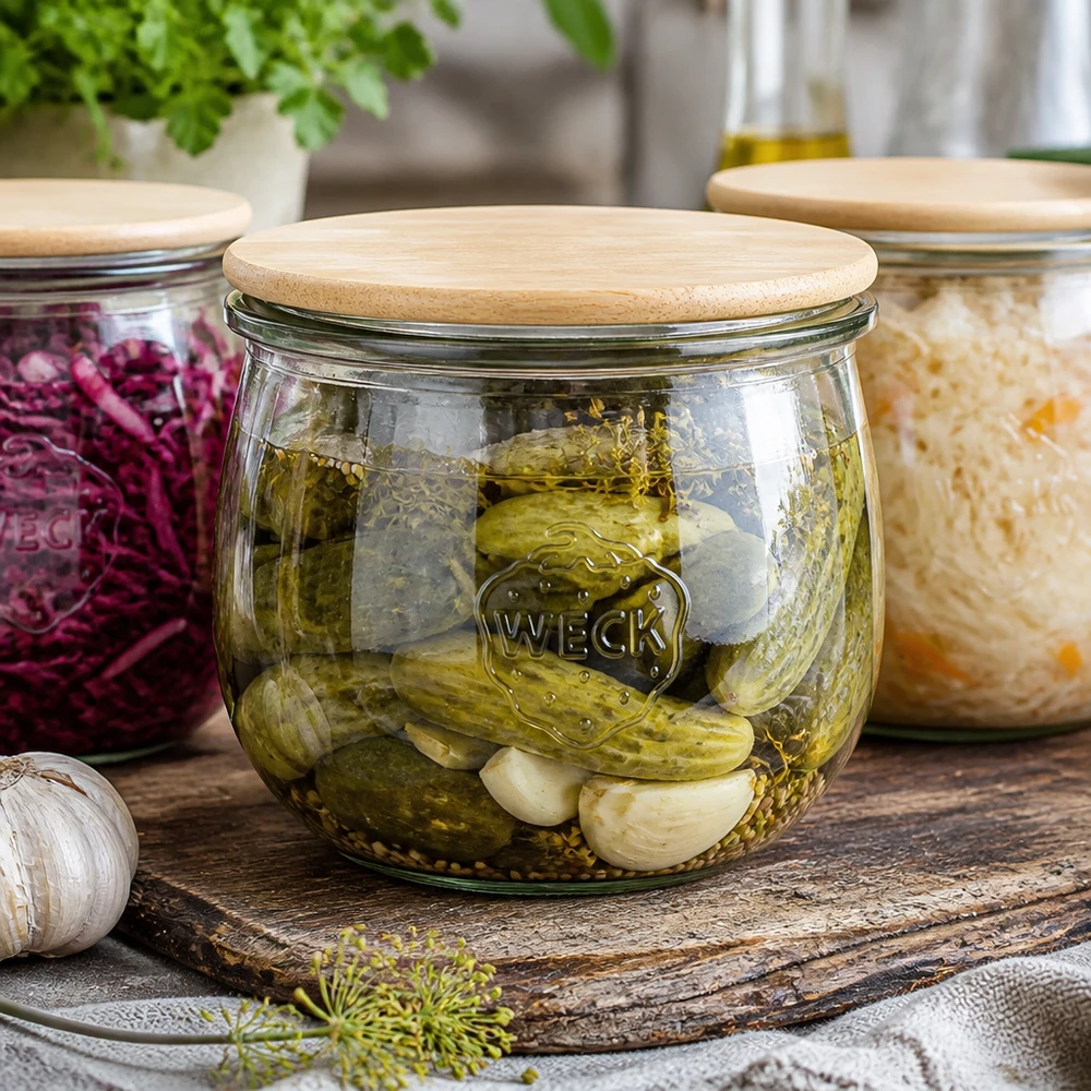 580ml bocal tulipe WECK RR100 avec couvercle en bois WECK Tulpenglas 580ml RR100 mit Holzdeckel für eingelegte Gurken und Gemüse - stilvolle Einmachgläser-Serie
