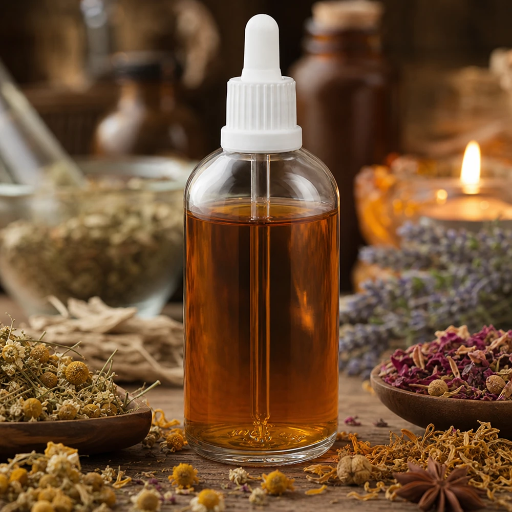 Pharmacie à base de plantes avec flacon à pipette de 100 ml ClearLine blanc UT18, parmi des plantes médicinales séchées