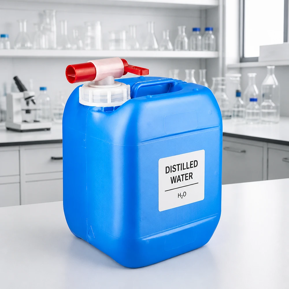 Bidon en plastique bleu de 5 litres muni d'un robinet de vidange, posé sur une paillasse de laboratoire blanche