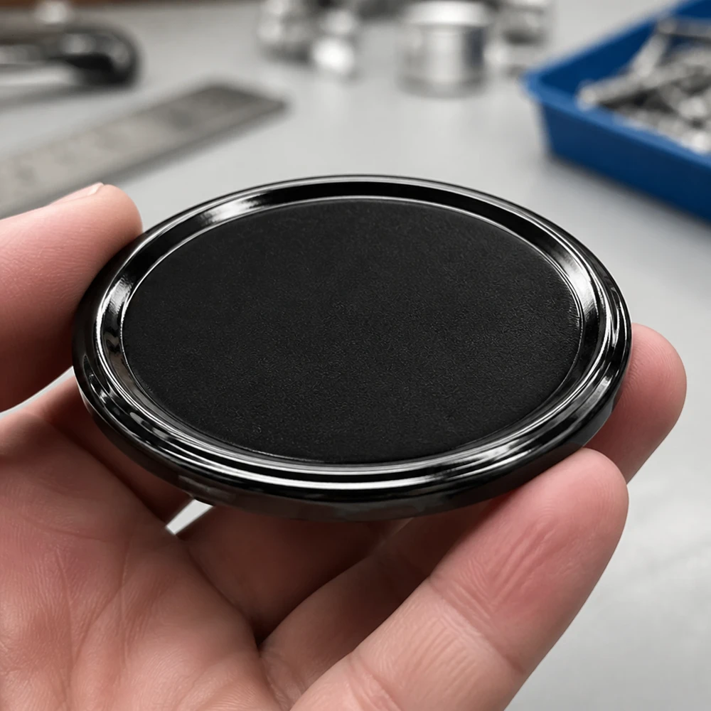 Gros plan sur un couvercle BasicSeal Twist-Off noir de 58 mm, modèle TO58, forme ronde, pour atelier
