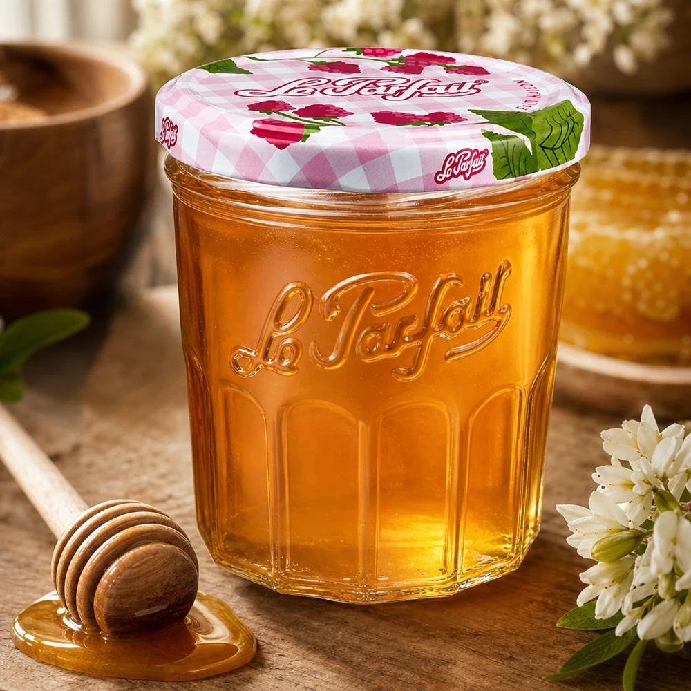 324ml Le Parfait Verre renversé rempli de miel à côté d'une cuillère à miel et de fleurs blanches sur une table en bois