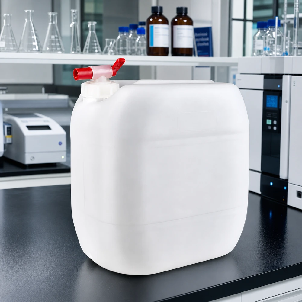 Grand bidon blanc de 30 litres muni d'un robinet pratique, destiné aux produits chimiques de laboratoire