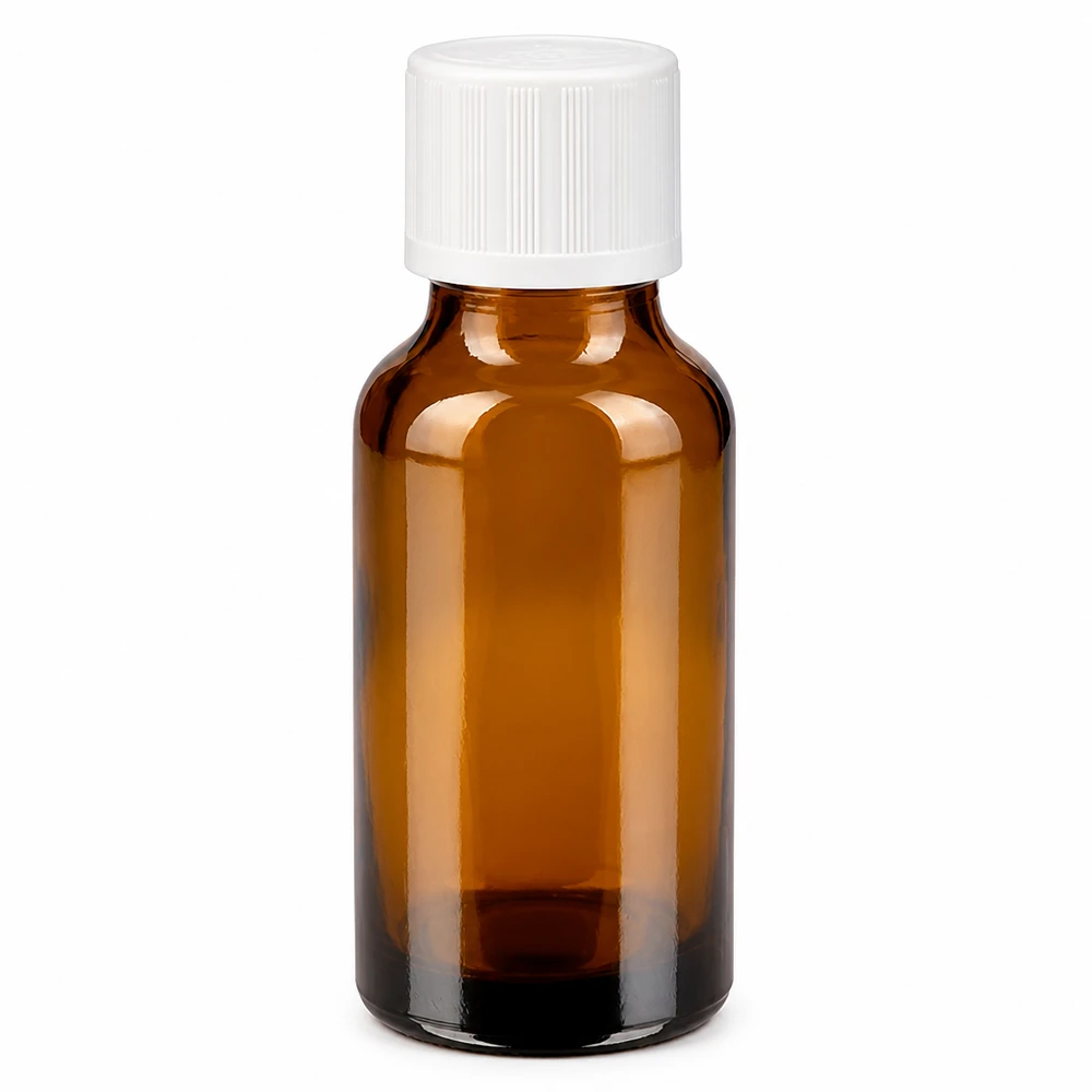 Flacon pharm. brun 20ml, bouchon blanc, sécu. enfant std. Petit flacon compte-gouttes de pharmacie en verre ambré de 20 ml avec bouchon à vis blanc KiSi STD