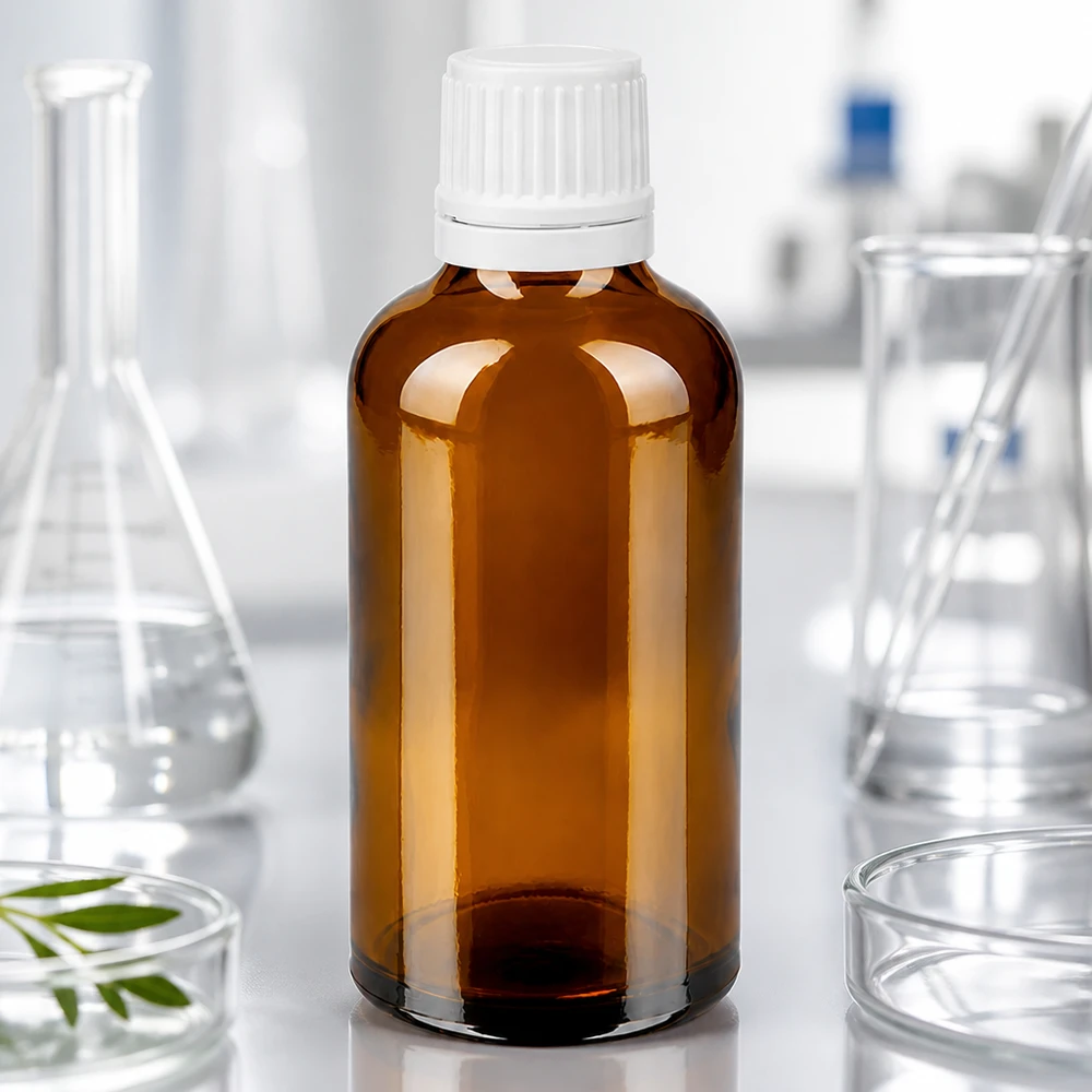 Flacon opacifiante de 50 ml en verre ambré, bouchon à vis blanc, conditionnement pharmaceutique