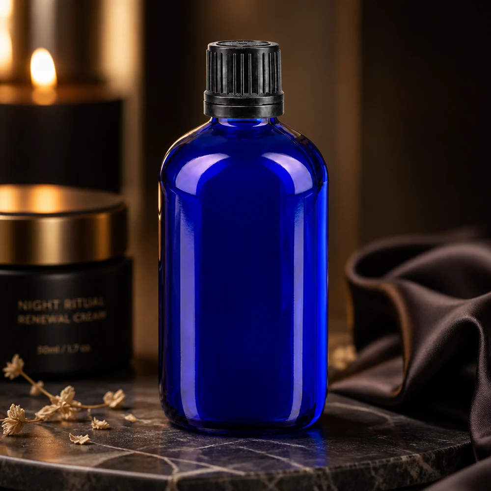 Flacon rond en verre bleu cobalt de 100 ml avec bouchon à vis noir d'origine, ouverture de 8 mm