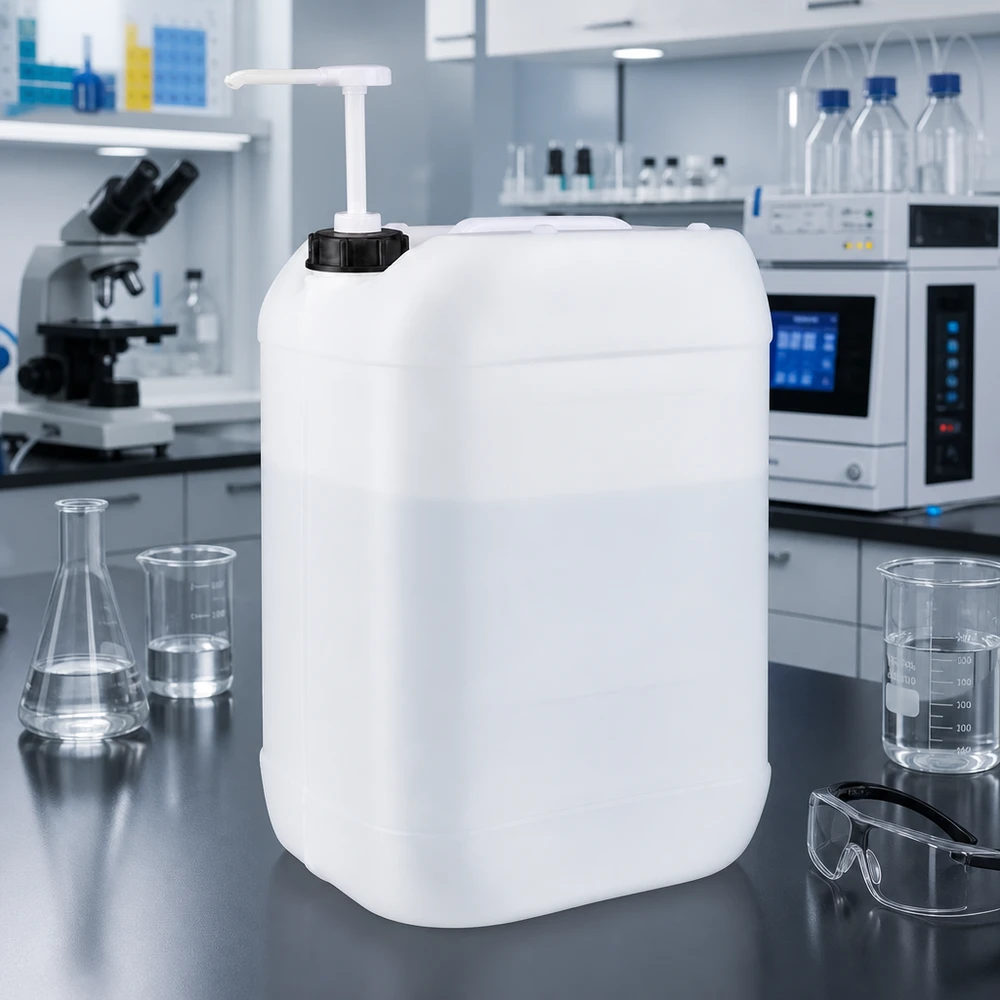 Grand bidon blanc transparent de 25 litres muni d'une pompe pour un dosage précis du liquide