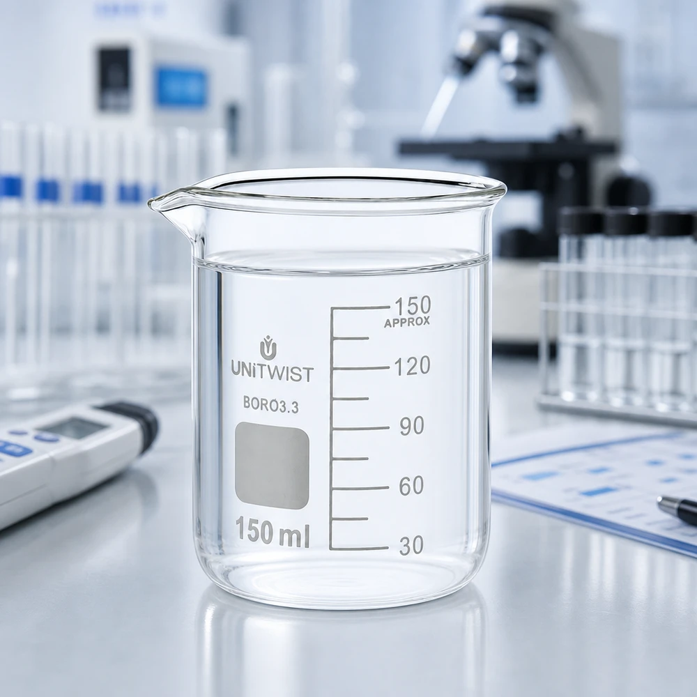 Bécher 150ml borosilicate, forme basse UNiTwist Verre à bec UNiTwist de 150 ml, forme basse, en borosilicate, avec bec verseur et microscope en arrière-plan