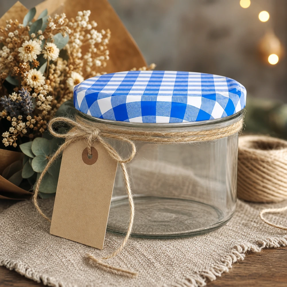 230ml verre cylindrique vide avec couvercle BasicSeal à carreaux bleus et blancs, arrangé de manière décorative avec une corde de jute et un pendentif