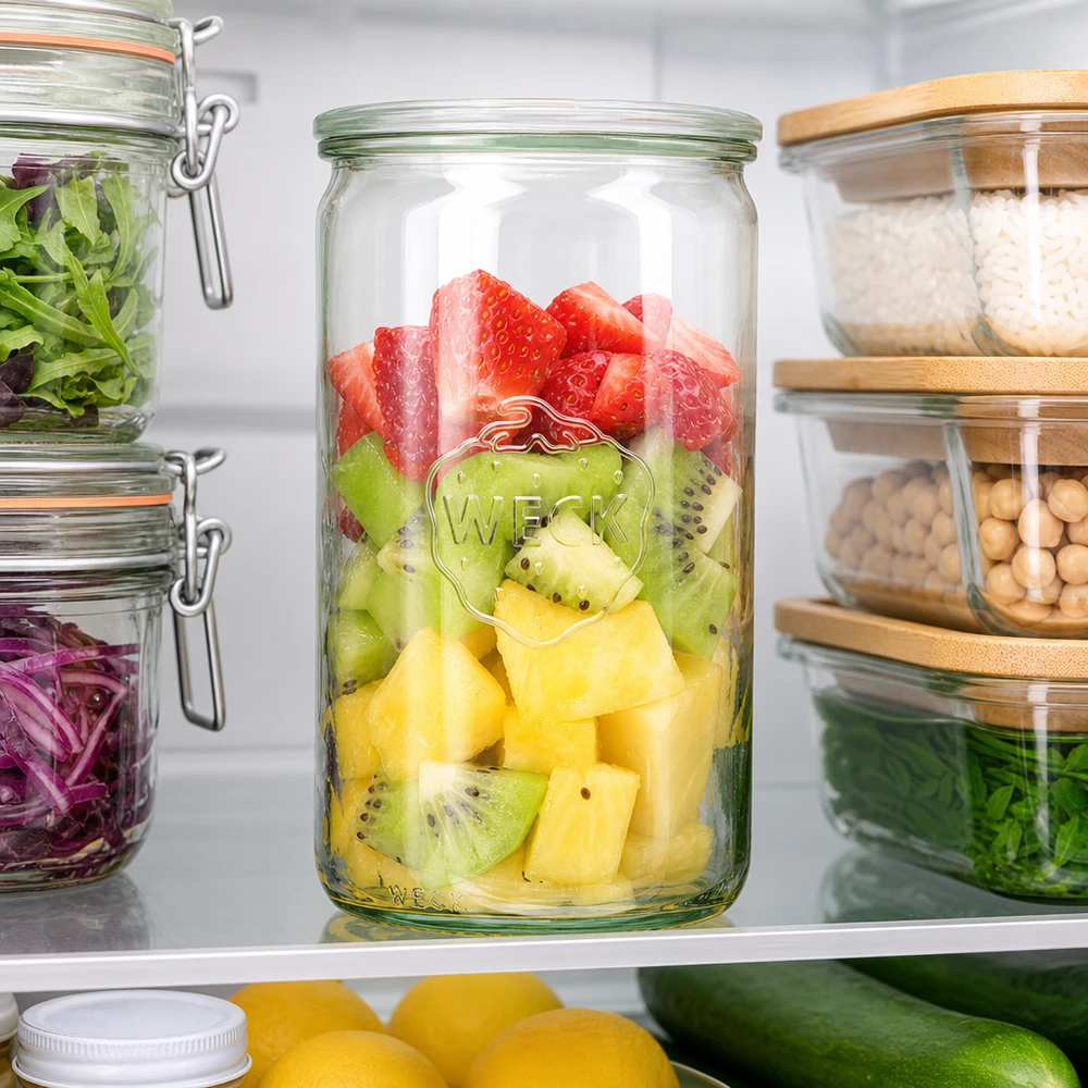 WECK Pot cylindrique 1590ml RR100 au réfrigérateur avec salade de fruits frais frais fraises kiwi ananas entre autres pots de conservation