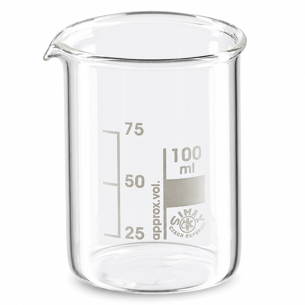 Bécher 100ml en verre borosilicate résistant à la chaleur (forme basse) Gobelet 100ml en verre borosilicaté de haute qualité avec bec verseur et graduation en forme basse