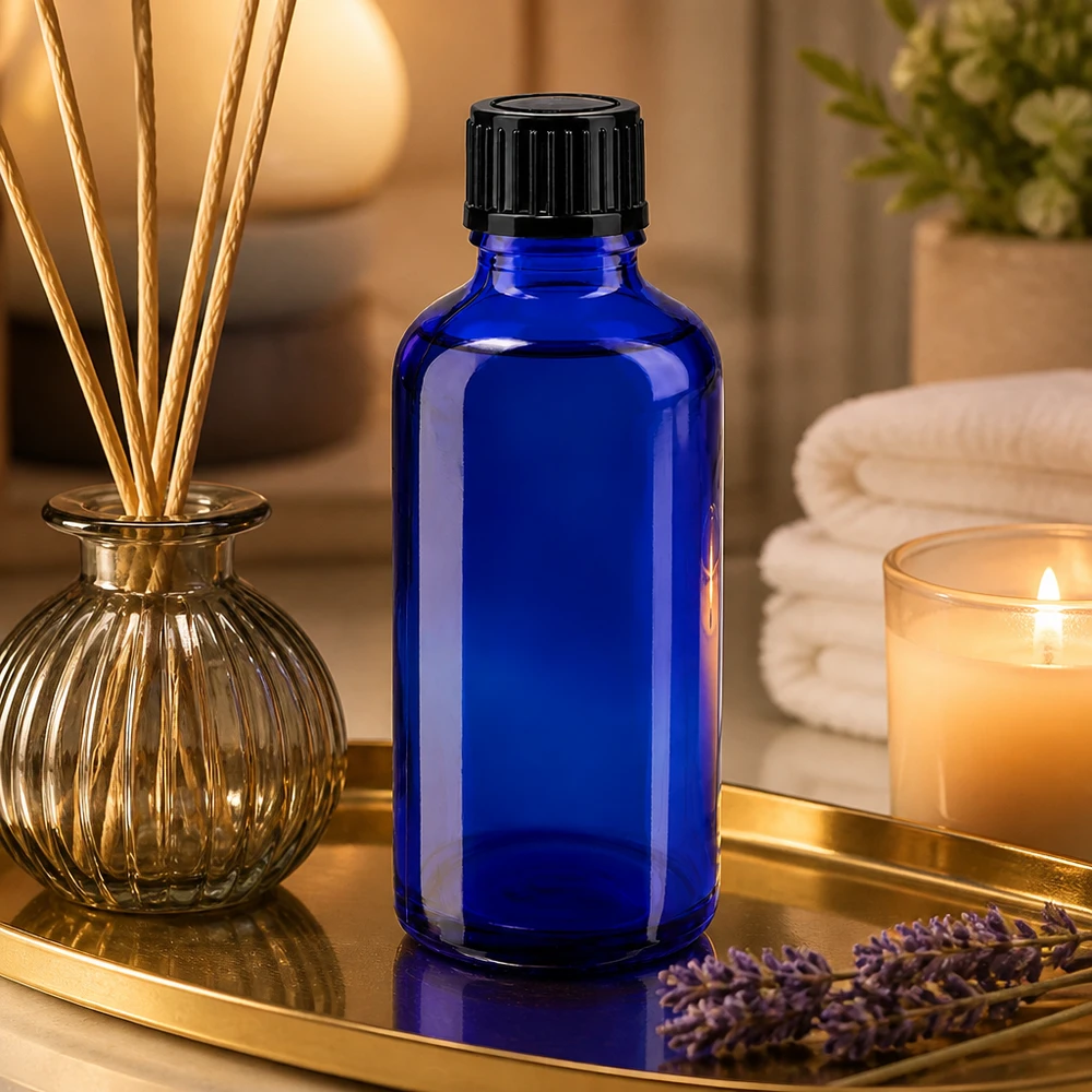 Flacon en verre bleu foncé de 50 ml avec bouchon de 11 mm, à côté de bâtonnets parfumés et d'une bougie