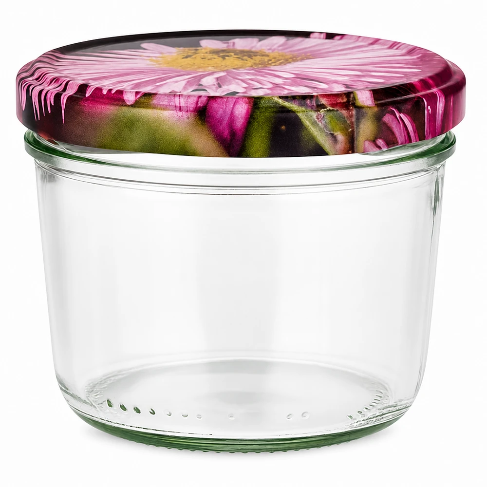 230ml Verre conique avec couvercle BasicSeal decor floral UNiTWIST Pot de 230ml avec couvercle BasicSeal en décor floral, pot vide avec motif floral rose sur fond blanc