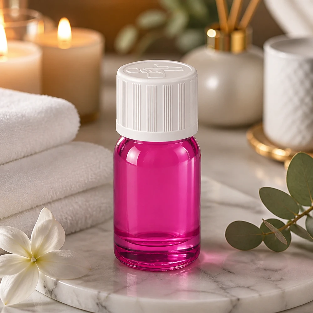 Flacon en verre compact de 5ml au design pourpre tendance avec système de fermeture anti-fuite