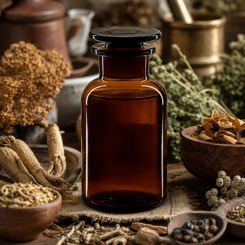 Flacon pharmaceutique 250 ml col large + bouchon en verre ambré Flacon de pharmacie ancien de 250 ml, brun, à col large, avec bouchon en verre, à côté d'un mortier et de remèdes naturels