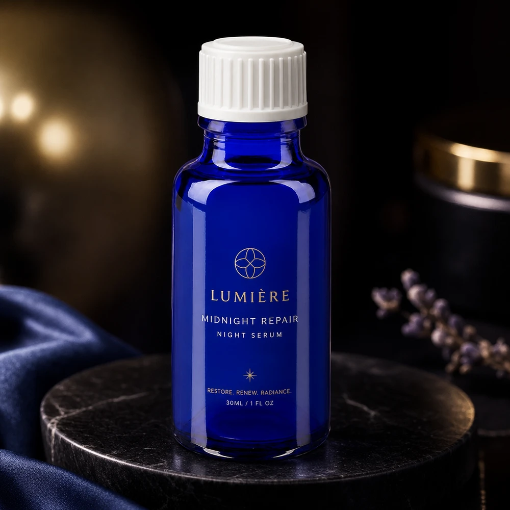 Flacon en verre avec protection UV de 20 ml, bleu, muni d'un bouchon standard blanc, pour sérum de nuit