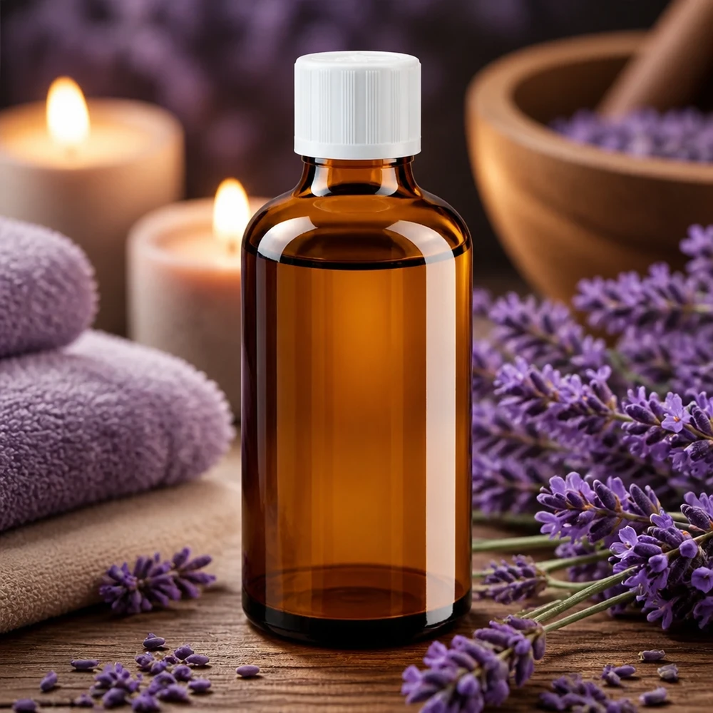 Flacon à pharmacie marron 50ml bouchon compte-gouttes blanc sécurité enfant std Flacon de pharmacie de 50 ml en verre ambré, muni d'un bouchon KiSi blanc orné de fleurs de lavande violettes