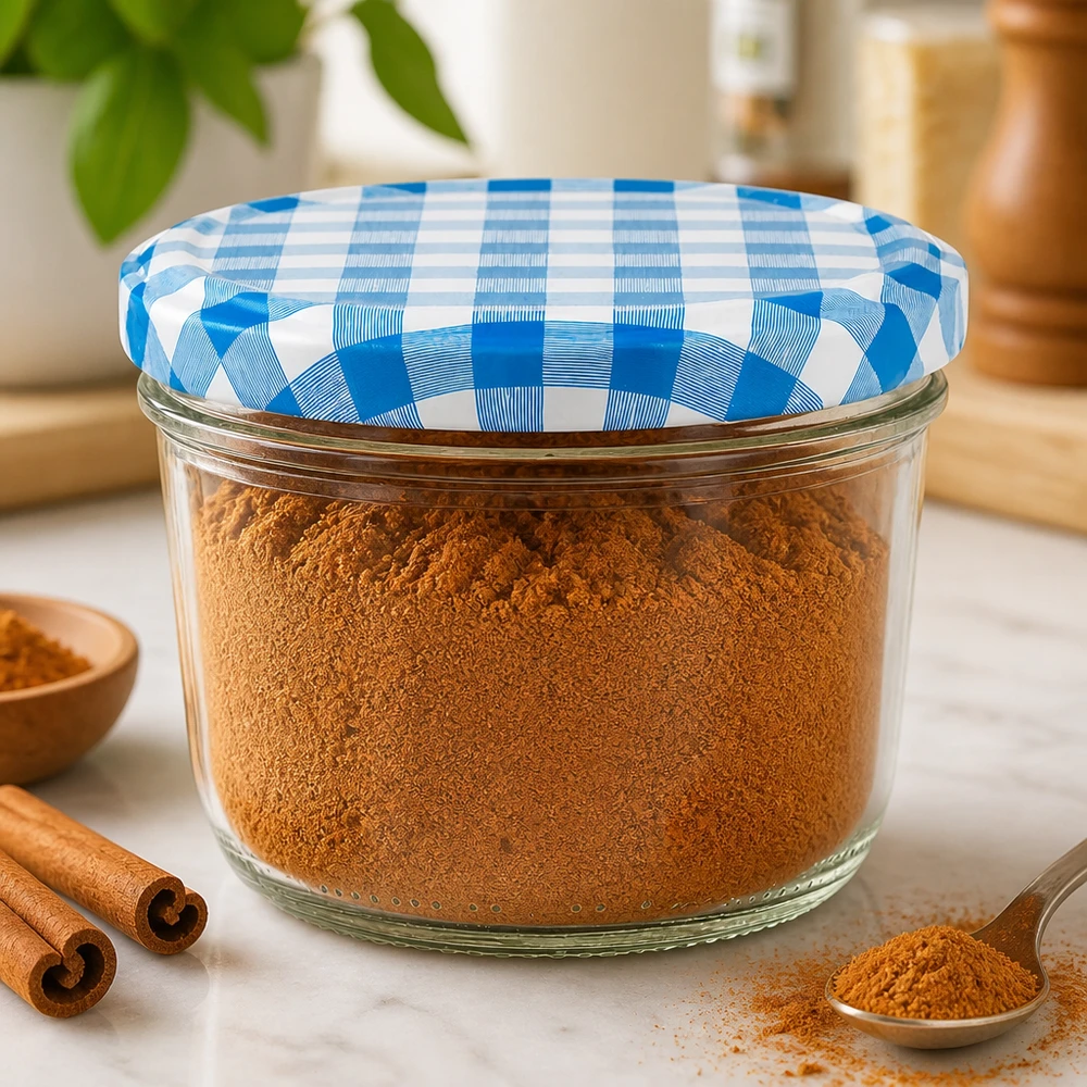 Verre renversé de 230 ml rempli de cannelle avec fermeture BasicSeal bleue et blanche dans une ambiance de cuisine avec des bâtons de cannelle