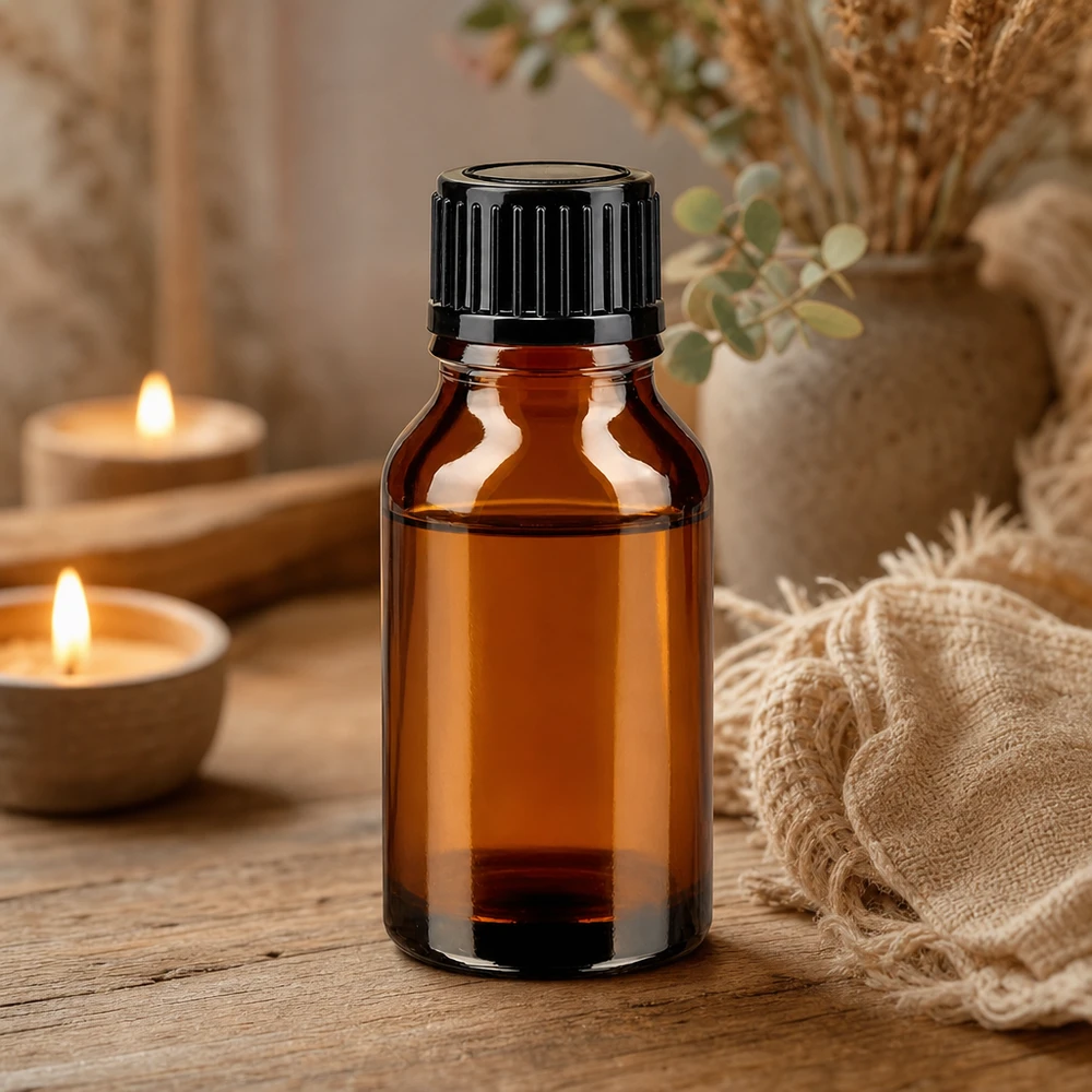 Flacon en verre brun 15ml avec bouchon à vis noir Flacon d'huile essentielle brun de 15 ml avec bouchon à vis noir, à côté de matériaux naturels et de bougies