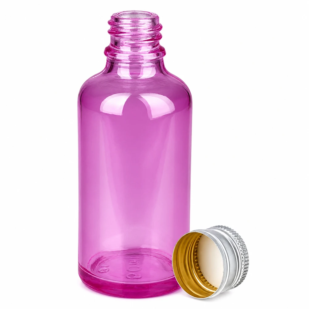 Flacon 50ml bouchon à vis 11mm alu-argent standard PurpleLine.UT18/50 Bouteille en verre ronde de 50 ml, aspect violet, avec un bouchon pratique en aluminium pour les produits liquides
