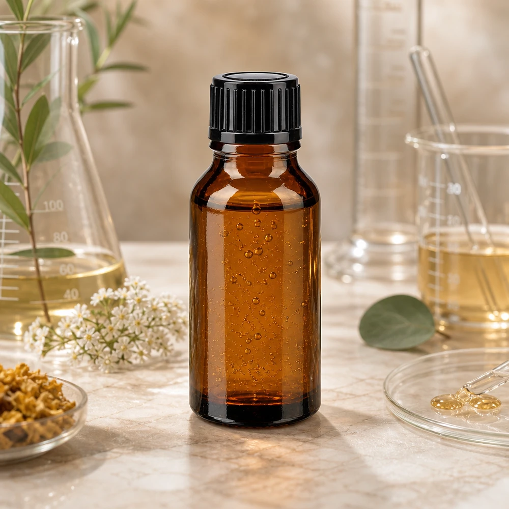 Flacon en verre brun 15ml avec bouchon à vis noir Petit flacon de pharmacie en verre ambré de 15 ml avec un bouchon noir, à côté de fleurs blanches et d'eucalyptus