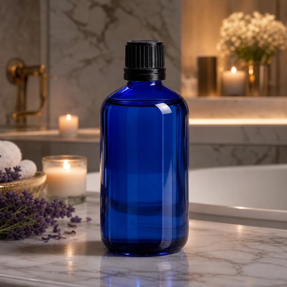 Flacon en verre bleu de 100 ml avec bouchon à vis d'origine noir, posé sur du marbre parsemé de fleurs de lavande