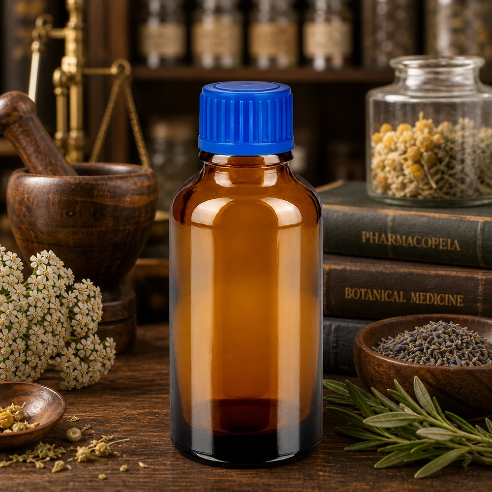 Flacon de 30ml 11mm SV bleu STD BrownLine UT18/30 Bouteille médicale de 30 ml en verre teinté avec bouchon ergonomique bleu pour une utilisation facile