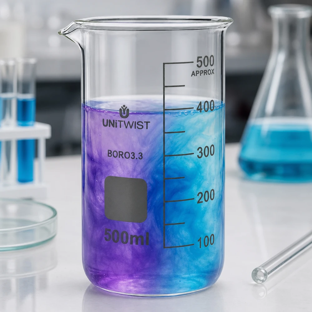 Bécher 500ml borosilicate, forme haute UNITWIST Verre de laboratoire transparent de 500 ml avec un dégradé de couleurs violet et bleu formé par des liquides réactifs