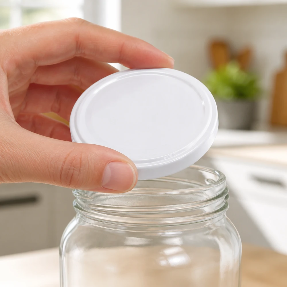 UNiTWIST TO58 blanc, BioSeal, sans BPA, unitemp Gros plan sur le couvercle à vis UNiTWIST TO58 unitemp blanc sans BPA posé sur un bocal Weck