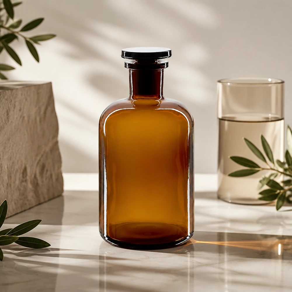 Flacon pharmaceutique 500 ml col étroit en verre ambré + bouchon Bouteille en verre brun de 500 ml avec bouchon en verre, à col étroit, forme robuste à épaules arrondies, de type laboratoire