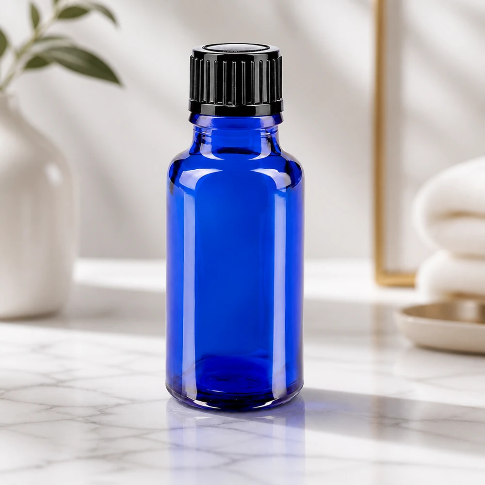 Flacon à pharmacie bleu 20ml bouchon compte-gouttes 1mm noir standard Flacon en verre bleu cobalt de 20 ml, muni d'un bec verseur de 1 mm et d'un bouchon à l'épreuve des enfants