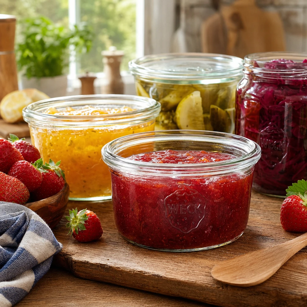 WECK Pot renversé de 165 ml RR80 avec confiture de fraises sur planche en bois à côté d'autres bocaux de confiture et de terre fraîche