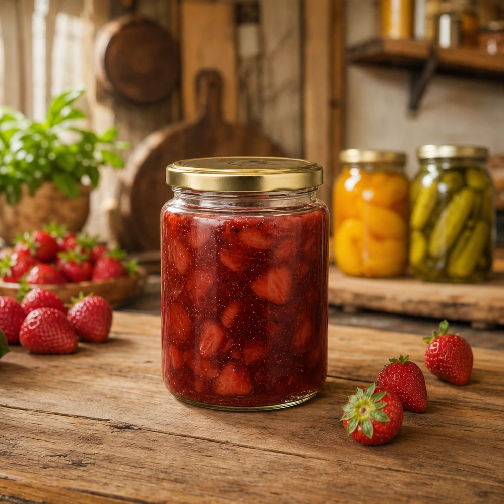 Pot à miel 450 g avec couvercle doré BasicSeal UNiTWIST 450g pot de miel avec couvercle doré rempli de confiture de fraises dans une cuisine rustique BasicSeal pot à tartiner aux fruits
