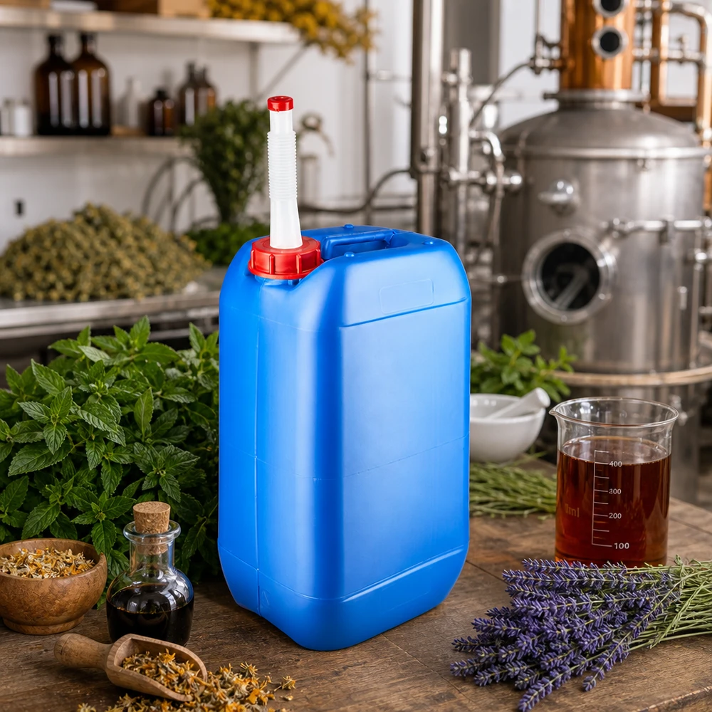 Bidon 15 litres bleu avec tube de vidange Flex Bidon portable bleu de 15 litres avec tube de remplissage flexible pour huiles essentielles et extraits naturels