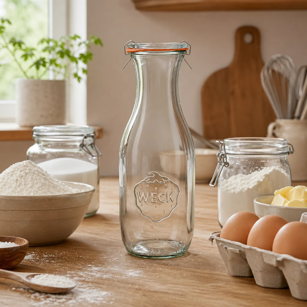 Bouteille à jus de 1 062 ml, ensemble complet WECK RR60 WECK Bouteille de jus 1062ml RR60 vide dans une cuisine rustique avec des ingrédients de boulangerie farine œufs et ustensiles de cuisine