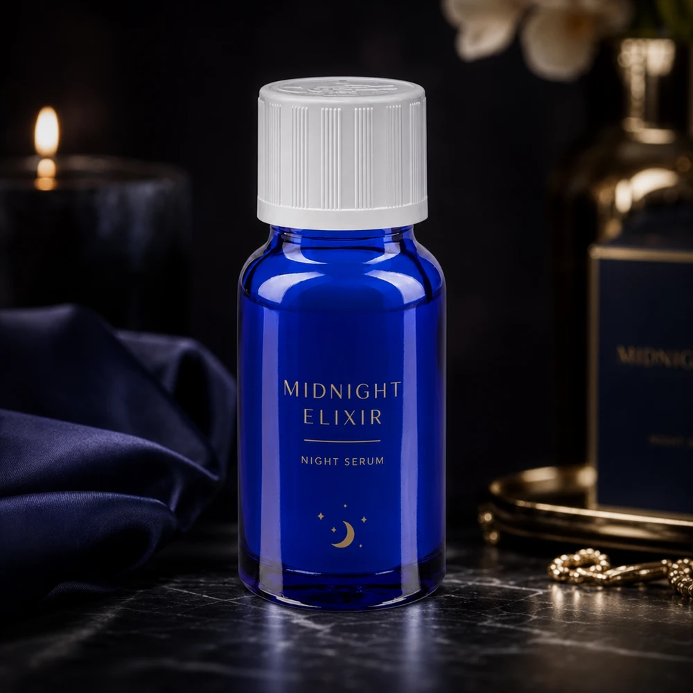 Flacon en verre bleu de 10 ml muni d'un bouchon KiSi blanc, destiné à servir d'emballage luxueux pour un sérum de nuit