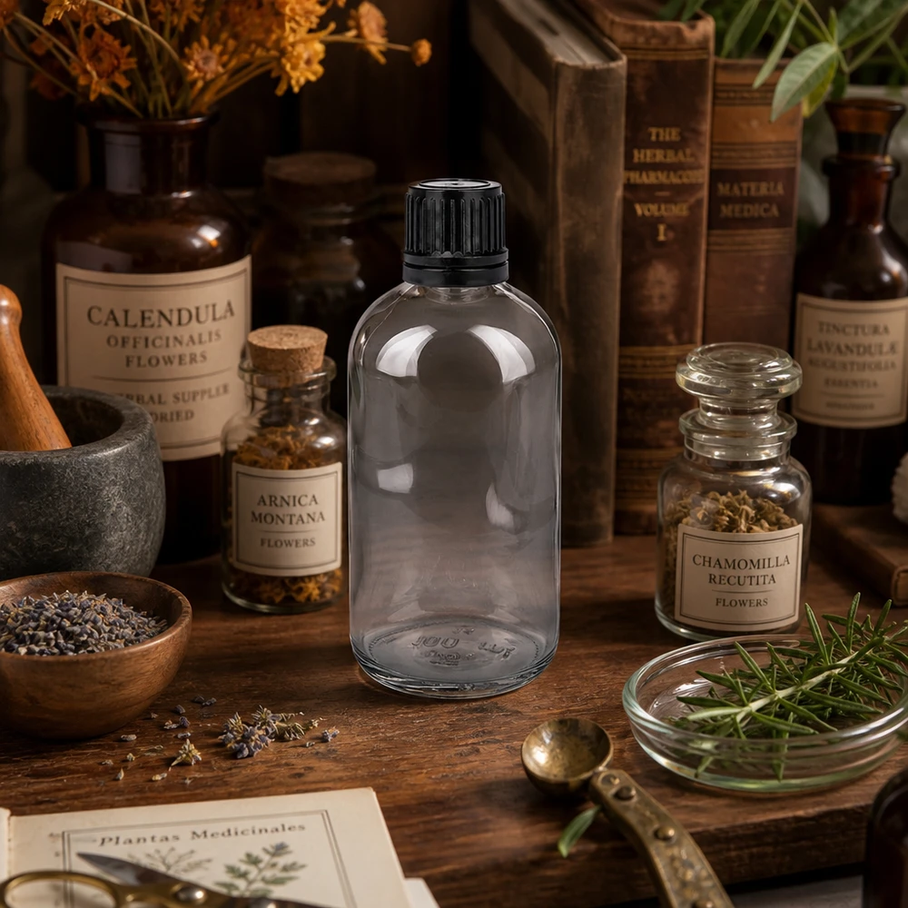 Flacon de 100ml (globule). 3mm GR s. STD ClearL. UT18/100 Flacon de pharmacie en verre transparent de 100 ml avec bouchon à vis, dans la catégorie « Plantes médicinales et accessoires d'homéopathie »