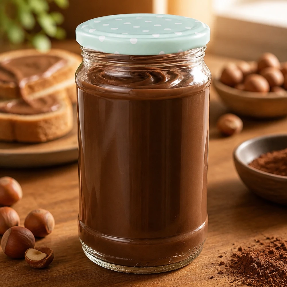 Pâte à tartiner au chocolat dans un bocal rond UNiTWIST de 370 ml avec un couvercle BasicSeal vert menthe, à côté de noisettes