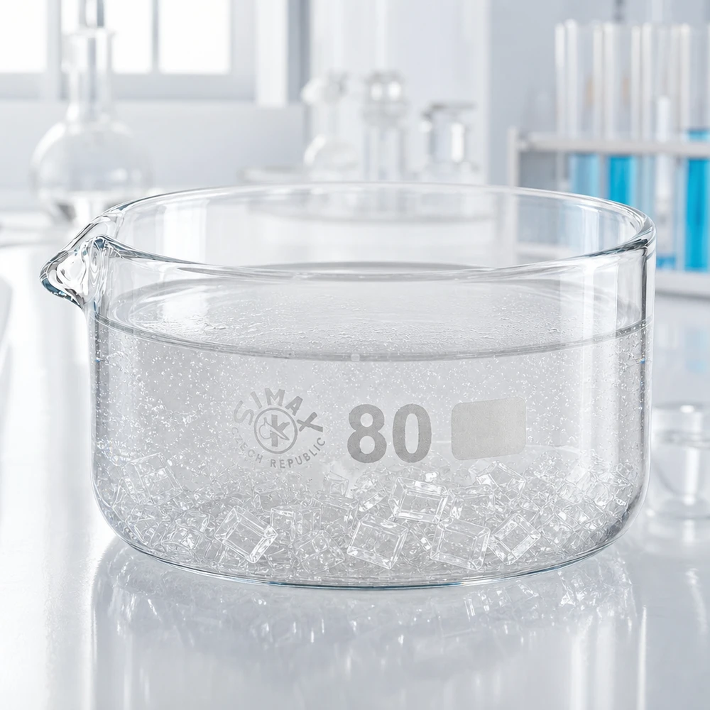 Bol en verre rond de 80 mm de diamètre, muni d'un bec verseur, rempli d'eau et de cristaux, dans un laboratoire