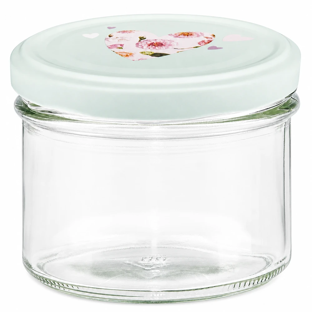 Verres de 225 ml + couvercle BasicSeal cur menthe UNiTWIST Pot renversé de 225ml avec couvercle BasicSeal menthe avec motif de cœur en verre transparent pour confitures et conserves