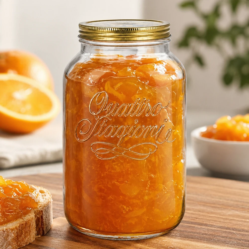 Quattro Stagioni 3800ml Bocal rempli de marmelade d'orange sur planche en bois avec oranges fraîches et pain