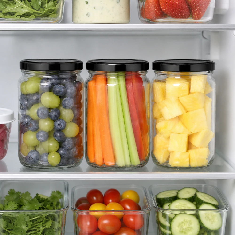 Réfrigérateur Organisation 1700ml verre rond noir BasicSeal couvercle fruits légumes Meal Prep aliments frais