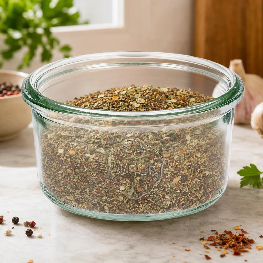 WECK Verre renversé 165ml RR80 rempli d'herbes aromatiques sur un comptoir de cuisine avec des épices et des plantes en arrière-plan